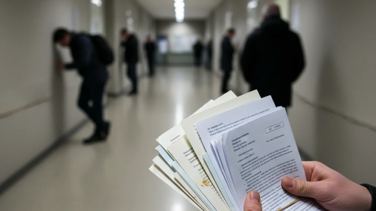 Generic image of hands holding official forms in an administrative office.