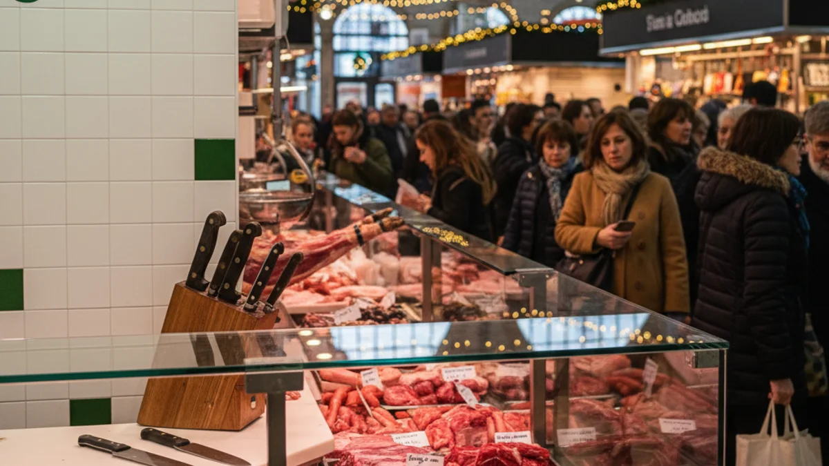 Imatge genèrica d'una parada de carnisseria en un mercat municipal amb producte fresc.