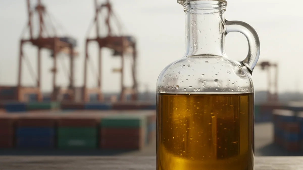 Imatge genèrica d'una ampolla d'oli d'oliva verge sobre una taula de fusta.