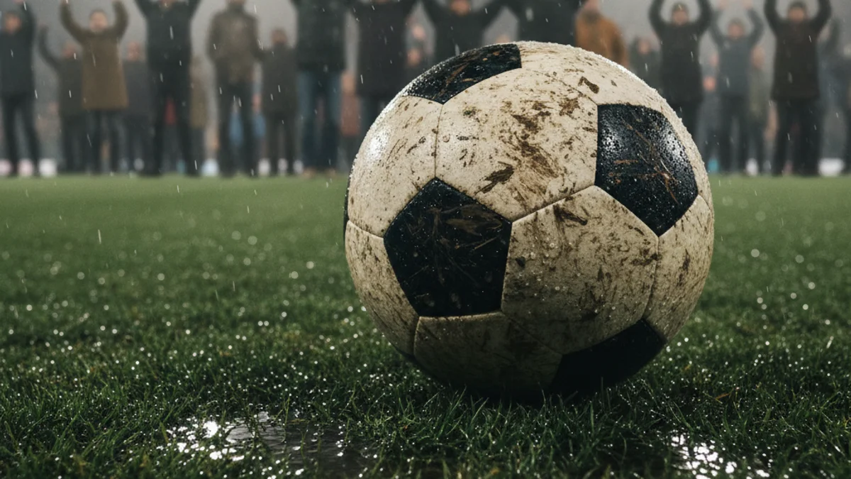 Imagen genérica de un balón de fútbol sobre el césped mojado durante un día de lluvia.