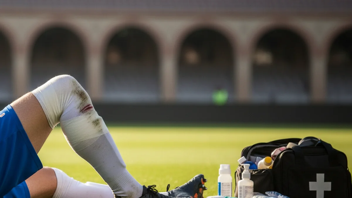 Generic image of a soccer player receiving medical attention for a knee injury during a match.
