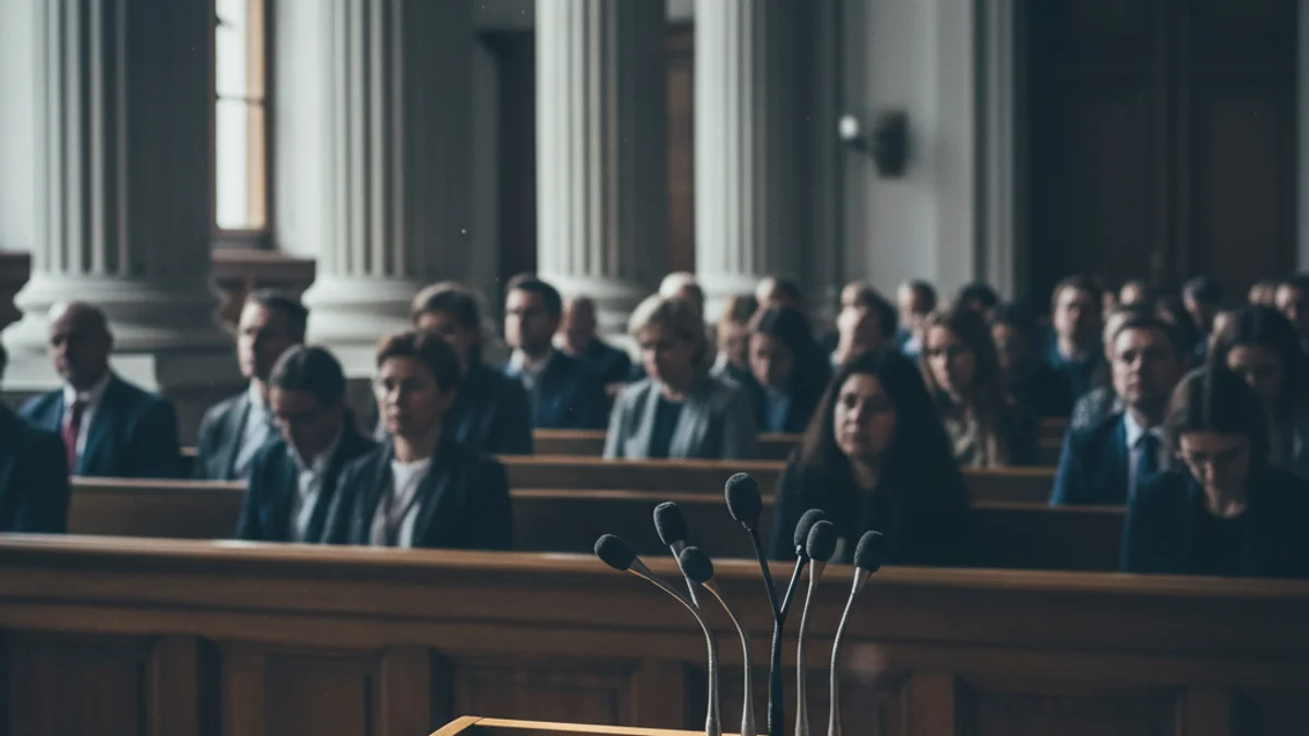 Imatge genèrica d'una sala de vistes d'un tribunal amb micròfons sobre un podi de fusta.