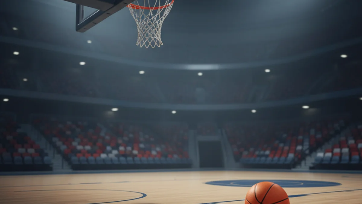 Imatge genèrica d'una pilota de bàsquet en una pista de parquet il·luminada.