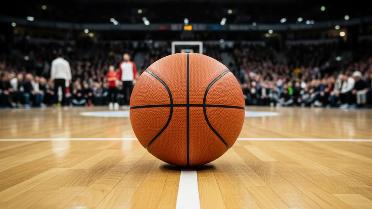 Imatge genèrica d'una pilota de bàsquet sobre el parquet d'un pavelló esportiu.