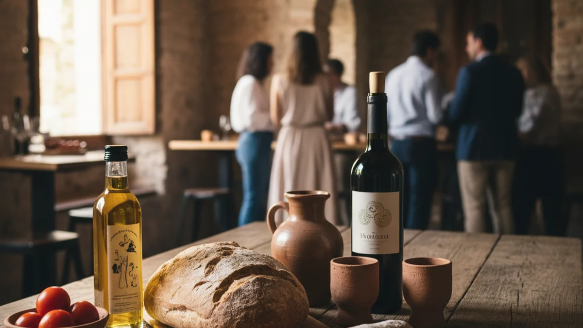 Imatge genèrica de productes agroalimentaris locals sobre una taula de fusta en un entorn rústic.