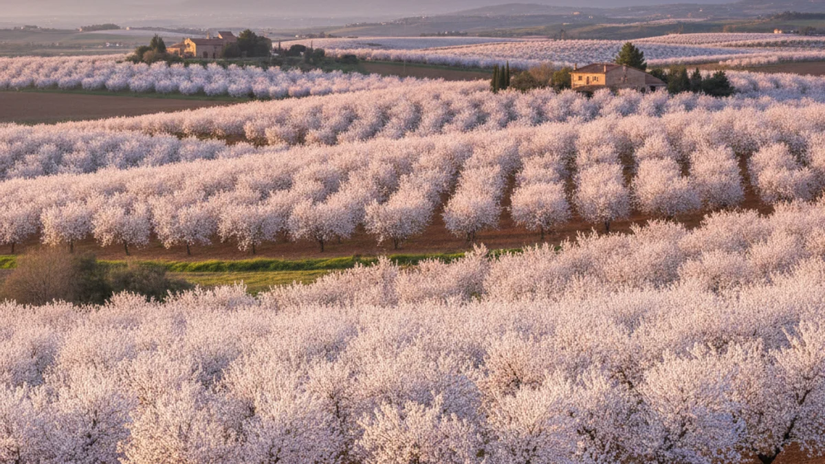 Imatge genèrica d'ametllers en flor en un camp de l'Urgell durant la primavera.