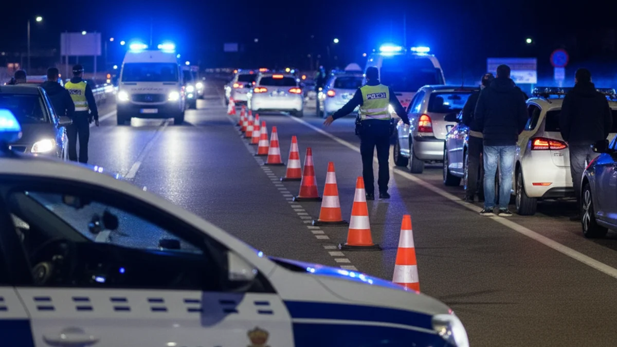 Imatge genèrica d'un control policial nocturn en una carretera amb llums d'emergència.