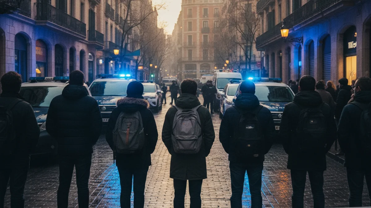 Imatge genèrica d'un carrer de Barcelona amb llums policials durant un operatiu a primera hora del matí.