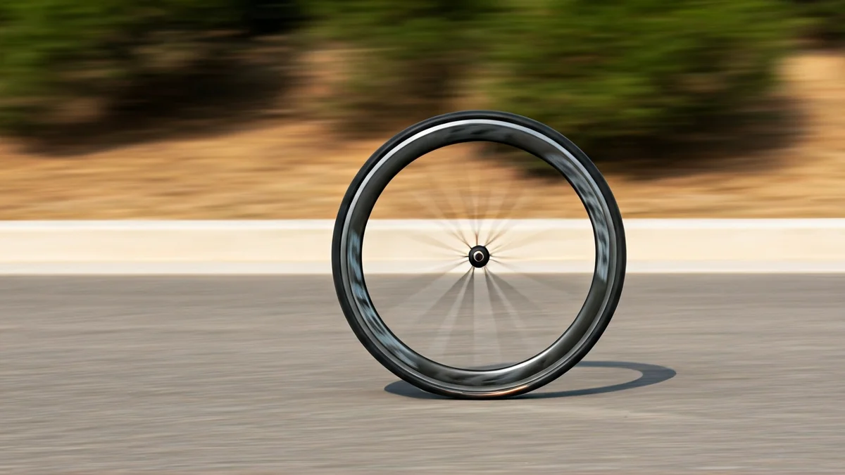 Imatge genèrica d'una roda de bicicleta de carretera en moviment durant una cursa ciclista.