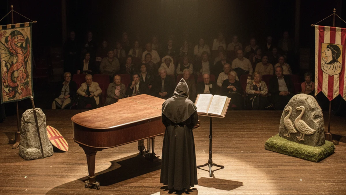 Imatge genèrica d'un escenari teatral amb un piano i un narrador sota els focus.