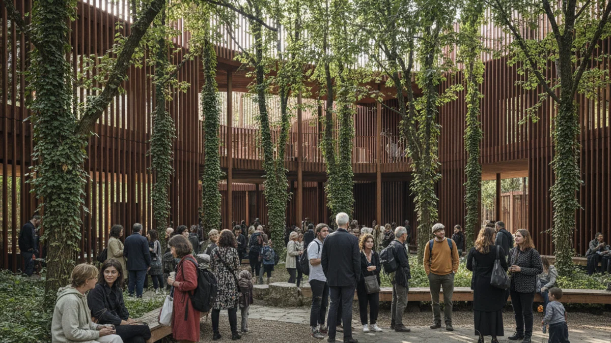 Imatge genèrica d'un edifici d'arquitectura moderna amb barres de ferro i vegetació.