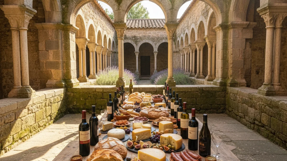 Imagen genérica de un claustro histórico preparado para un evento gastronómico con productos locales.