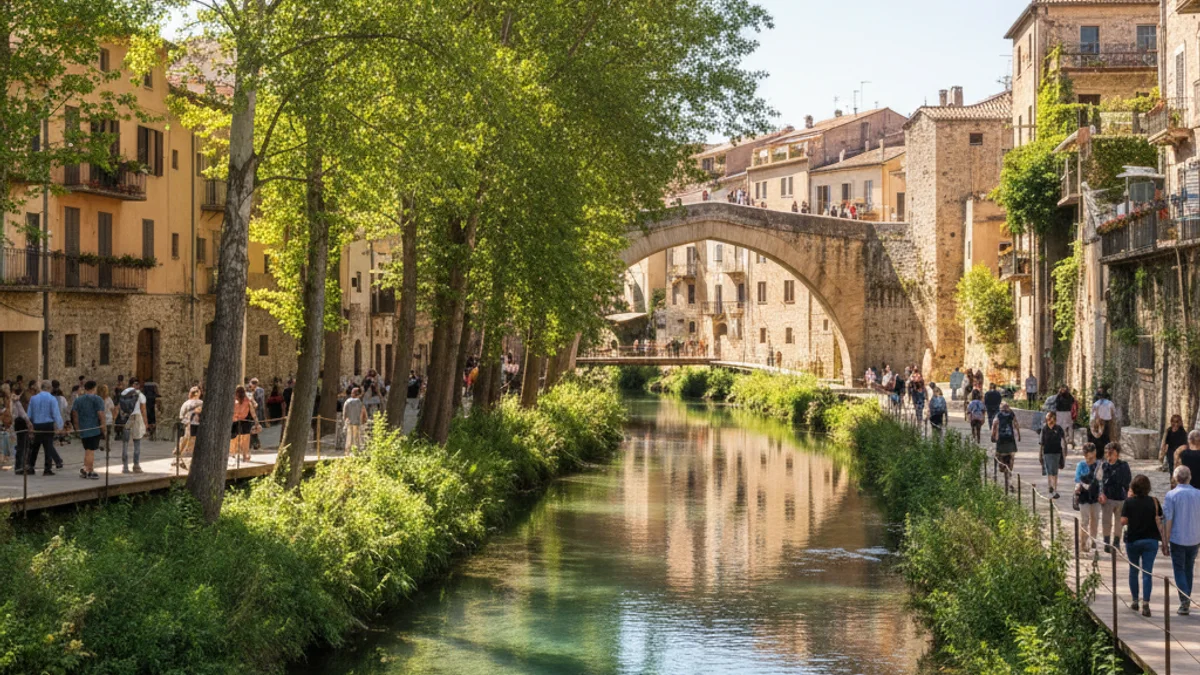 Generic image of a renaturalized riverbank with pedestrian paths and riverside vegetation.