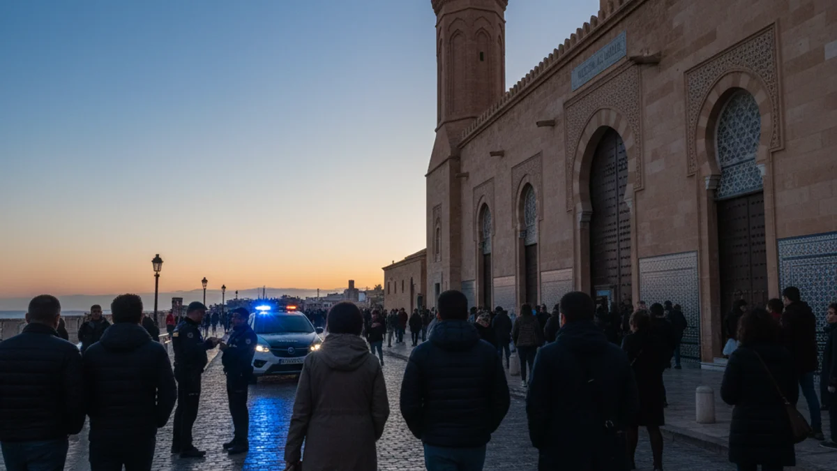 Generic image of a street in Manresa with blurred blue police lights in the background.