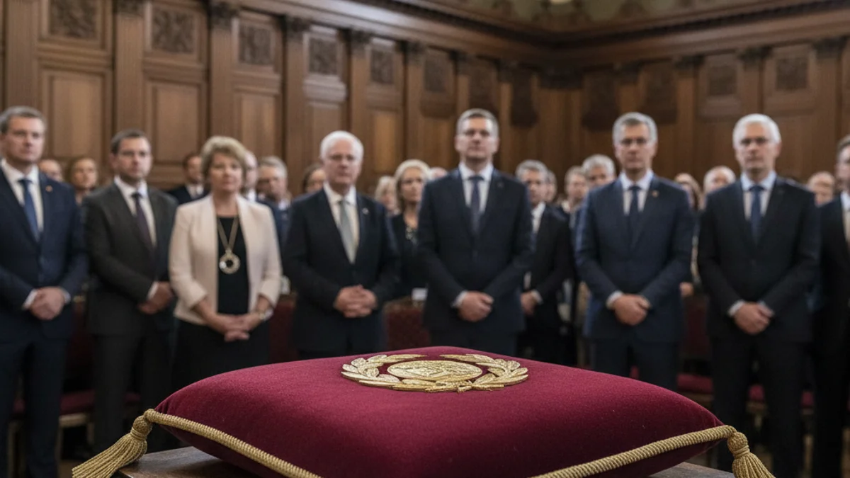 Imagen genérica de una medalla al mérito en un salón de actos institucional.