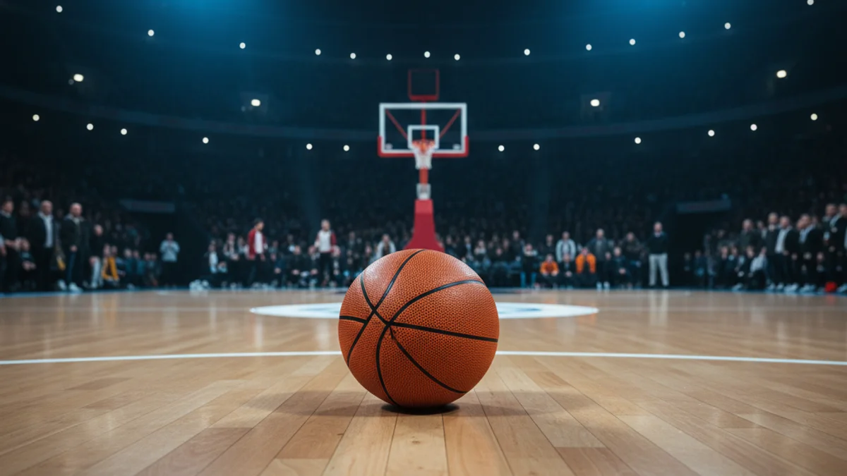 Generic image of a basketball on a court floor under stadium lights.
