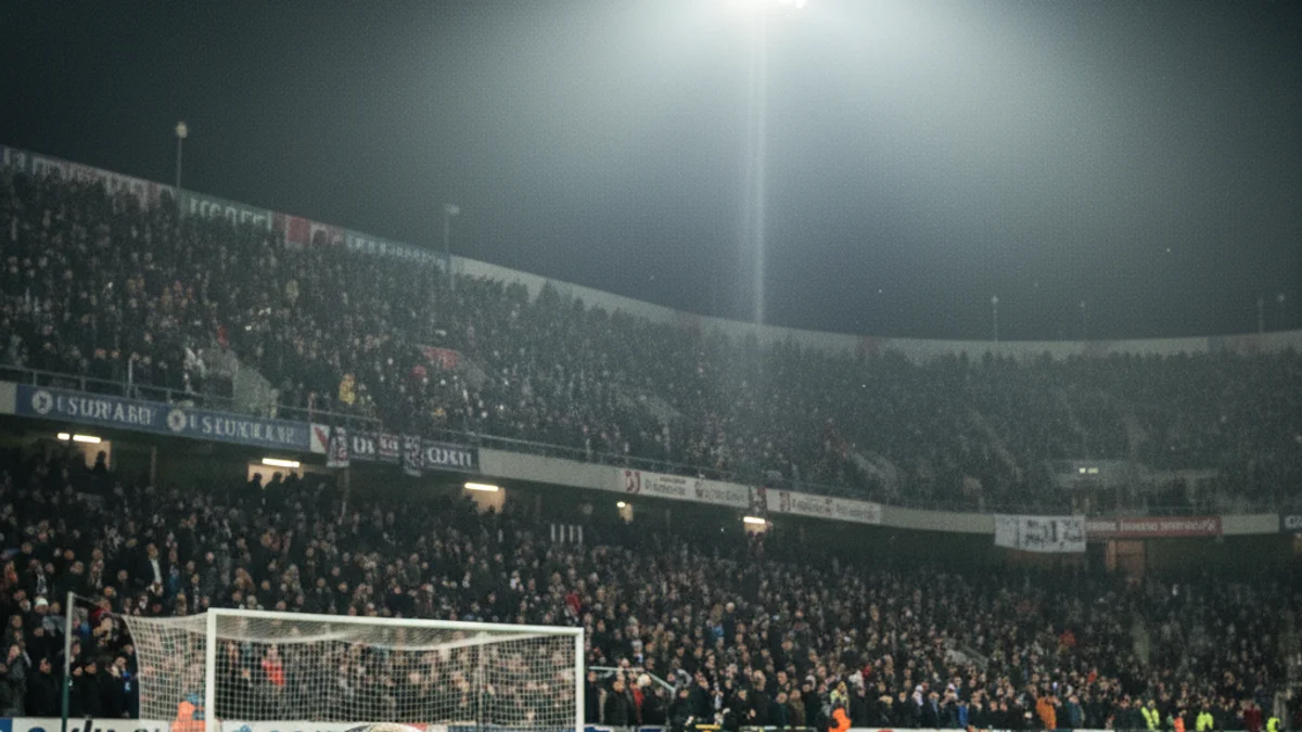 Imatge genèrica d'una pilota de futbol a la gespa d'un estadi il·luminat de nit.