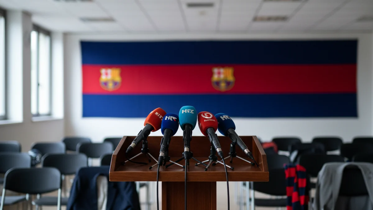 Imatge genèrica d'un podi amb micròfons durant un acte de campanya electoral esportiva.