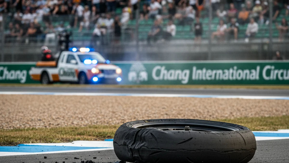 Imatge genèrica d'una roda de motocicleta de competició punxada en un circuit.