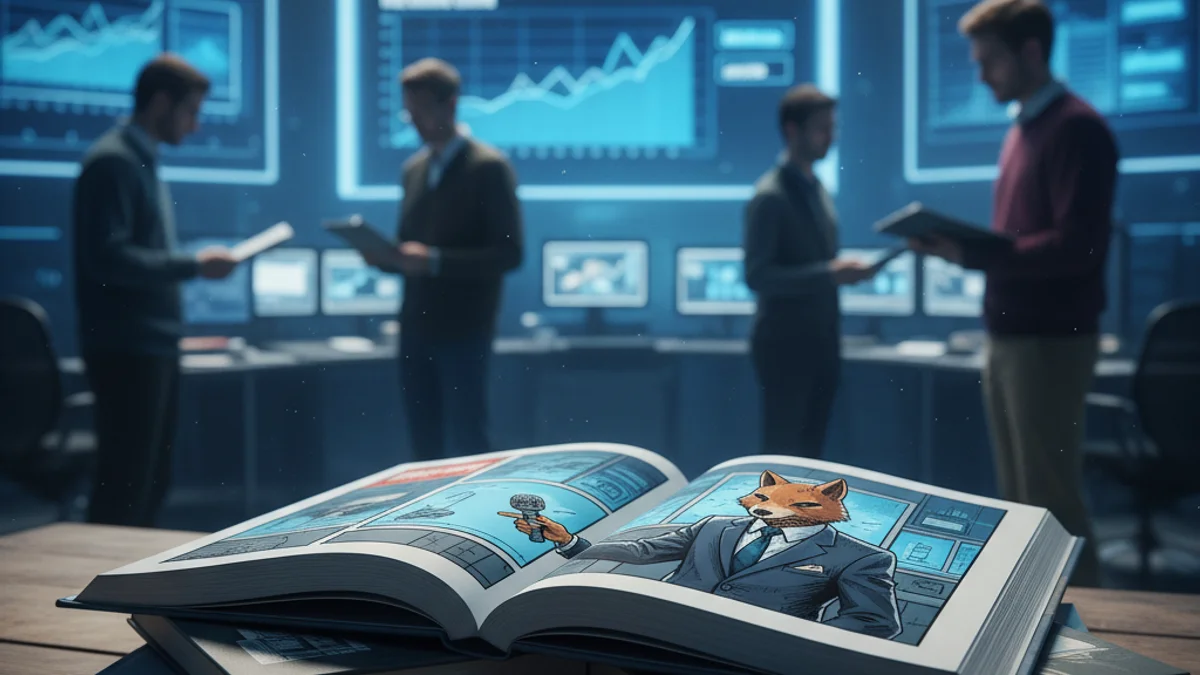 Imatge genèrica d'un còmic obert que mostra una sàtira sobre els mitjans de comunicació.