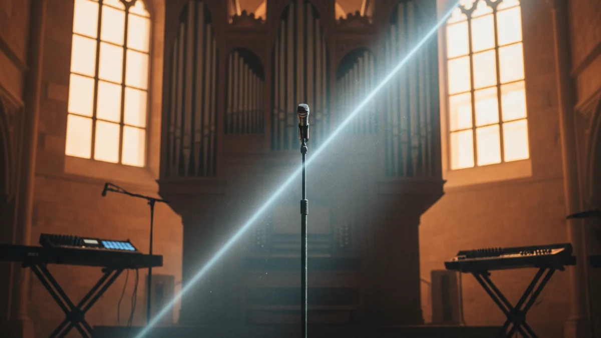 Imatge genèrica d'un escenari de concert amb jocs de llums i instruments musicals.