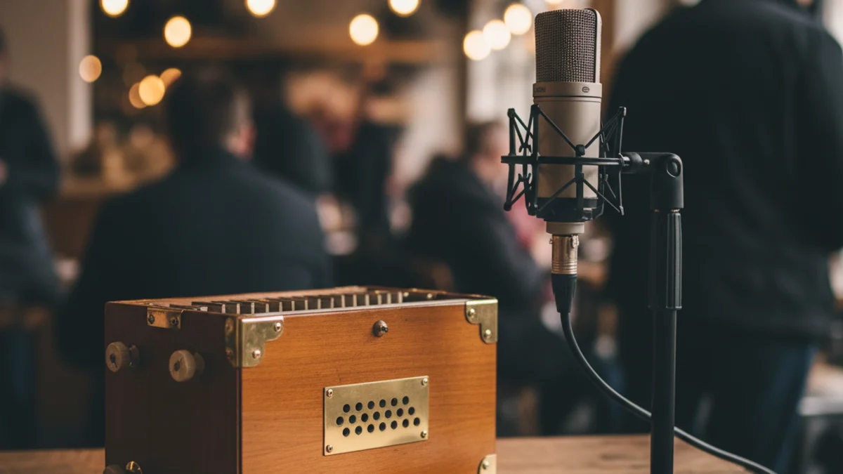 Imatge genèrica d'un instrument musical antic i un micròfon digital sobre una taula.