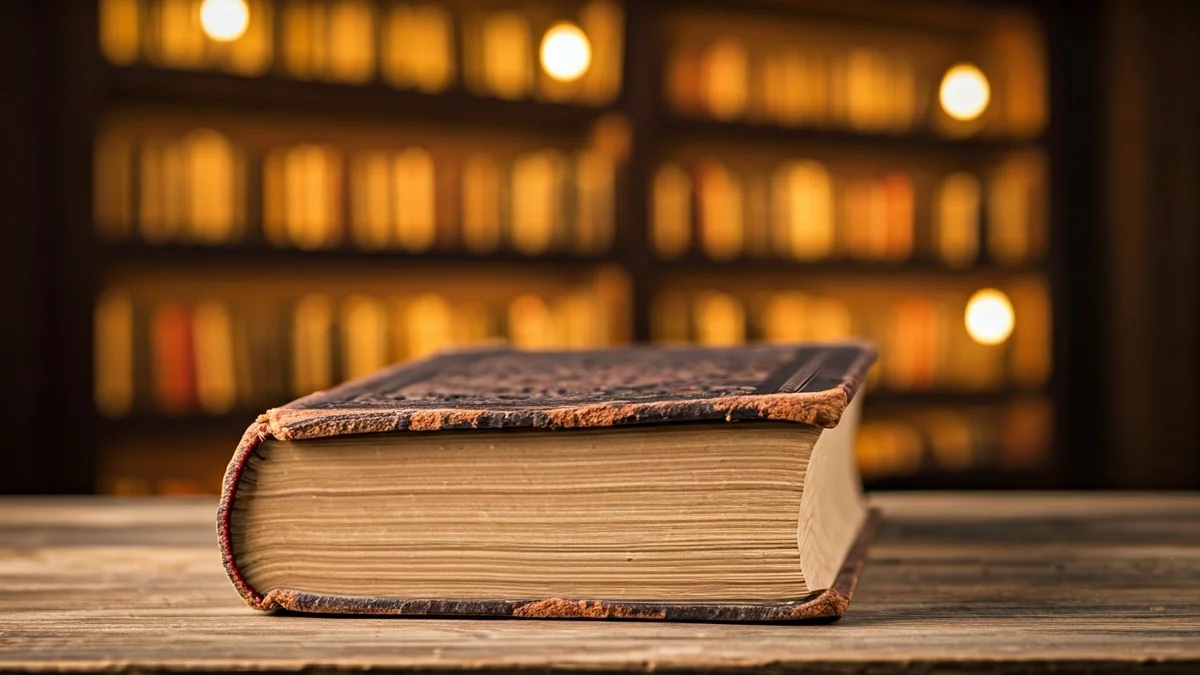 Imagen genérica de un libro antiguo sobre una mesa de madera, con un fondo desenfocado de una biblioteca.