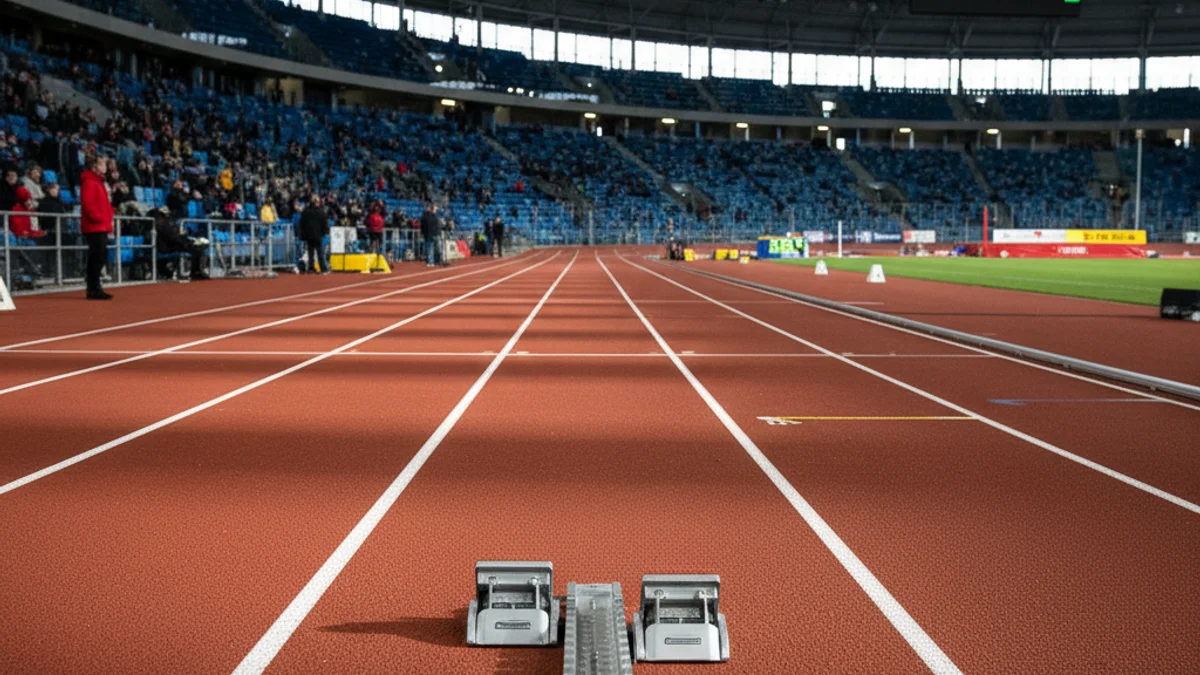 Imatge genèrica d'una pista d'atletisme coberta amb els blocs de sortida preparats per a una cursa de velocitat.