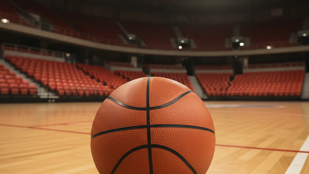 Imatge genèrica d'una pilota de bàsquet en una pista de joc sota els llums d'un pavelló.