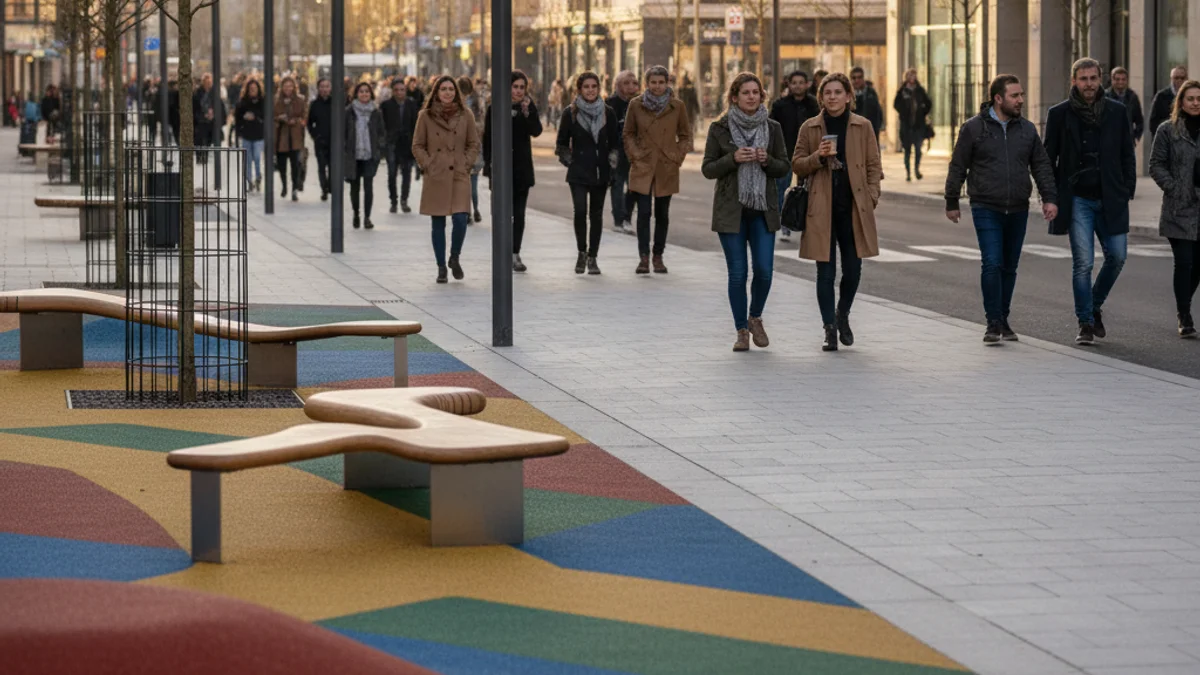 Imatge genèrica d'una plaça urbana renovada amb jocs infantils i mobiliari modern.