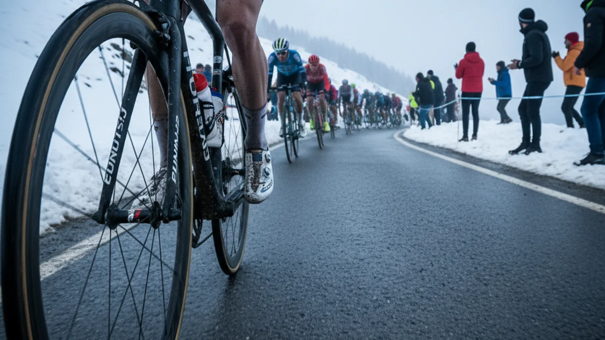 Imatge genèrica d'un pilot de ciclistes competint en un port de muntanya amb neu als marges.