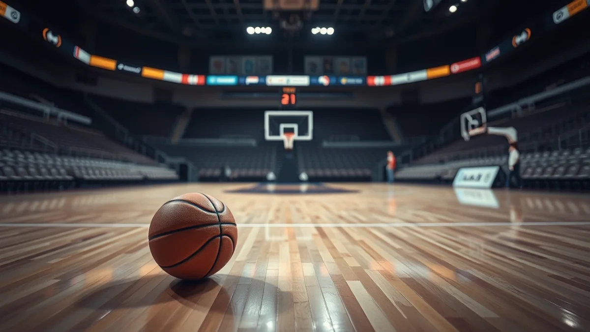 Generic image of a basketball on a professional court floor under stadium lights.