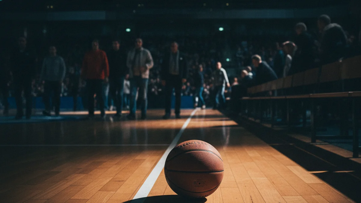 Imagen genérica de una cancha de baloncesto vacía bajo las luces del pabellón.