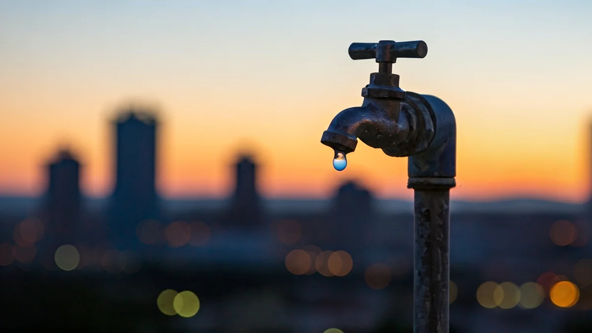 Generic image of a water tap with a drop of water falling, with a blurred urban background.