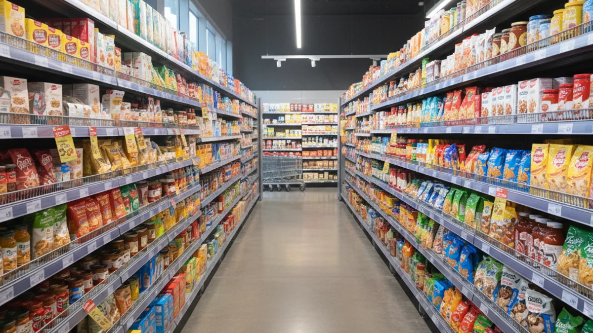 Imatge genèrica de l'interior d'un supermercat amb prestatgeries plenes de productes.