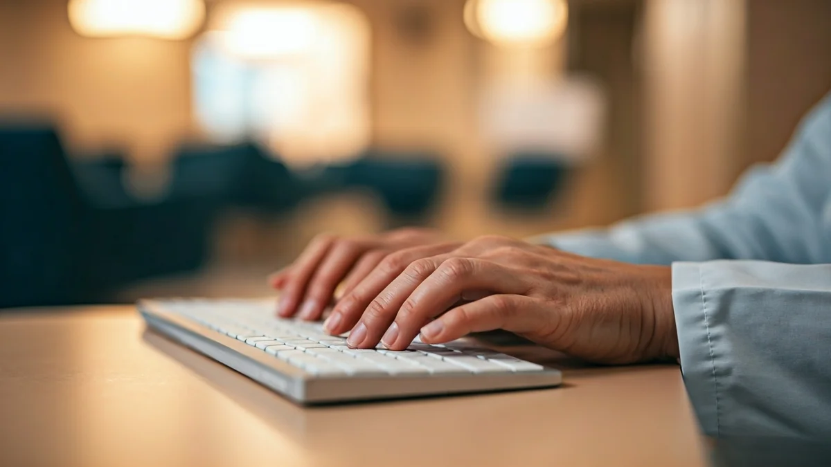 Imatge genèrica d'unes mans d'un professional sanitari teclejant en un ordinador en un entorn mèdic.
