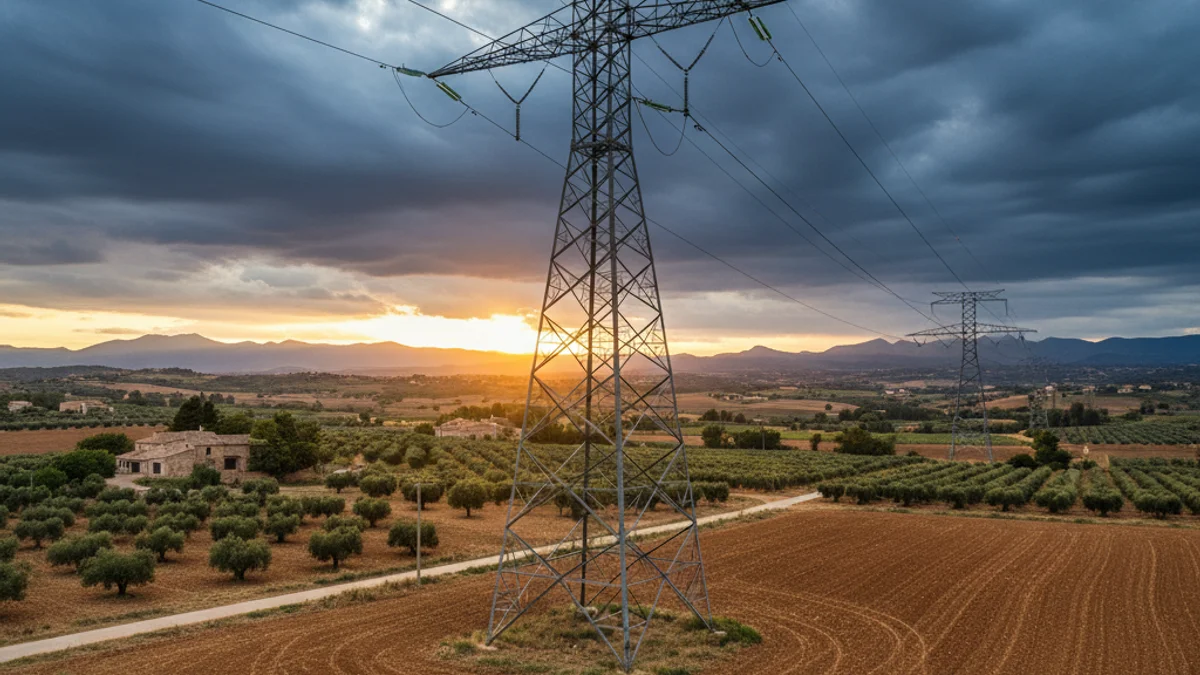 Imagen genérica de grandes torres de alta tensión atravesando un paisaje agrícola.