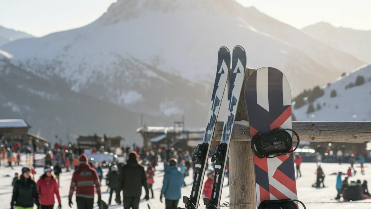 Imatge genèrica d'unes estacions d'esquí al Pirineu amb material de neu en primer pla.