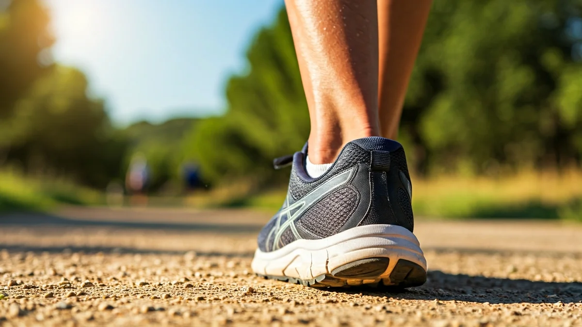 Generic image of running shoes on a dirt trail, with blurred greenery in the background.