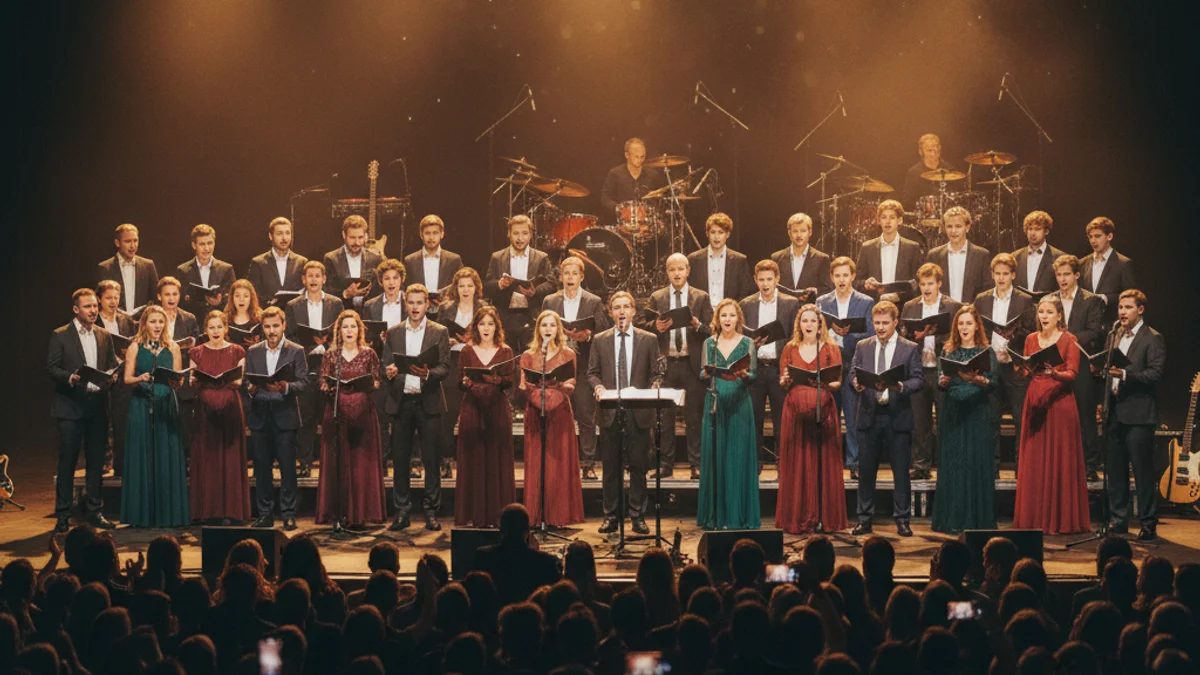 Imagen genérica de un gran coro de rock actuando sobre un escenario con iluminación teatral.