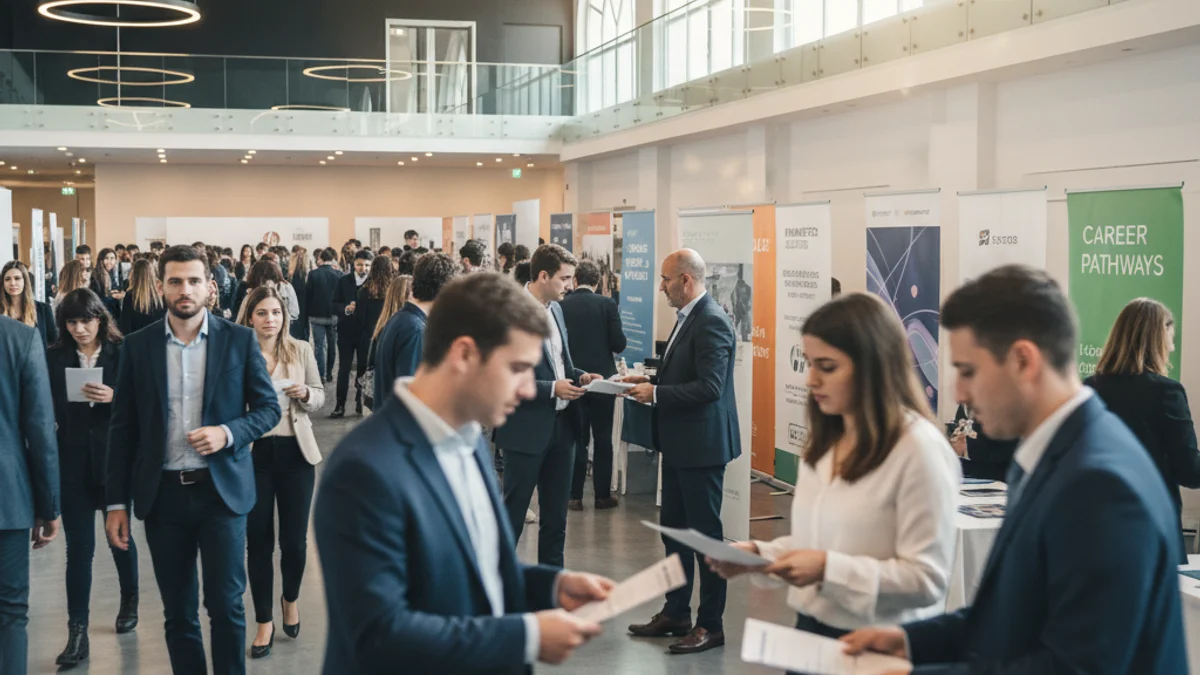 Imatge genèrica d'una fira d'ocupació amb candidats i reclutadors conversant en un entorn professional.