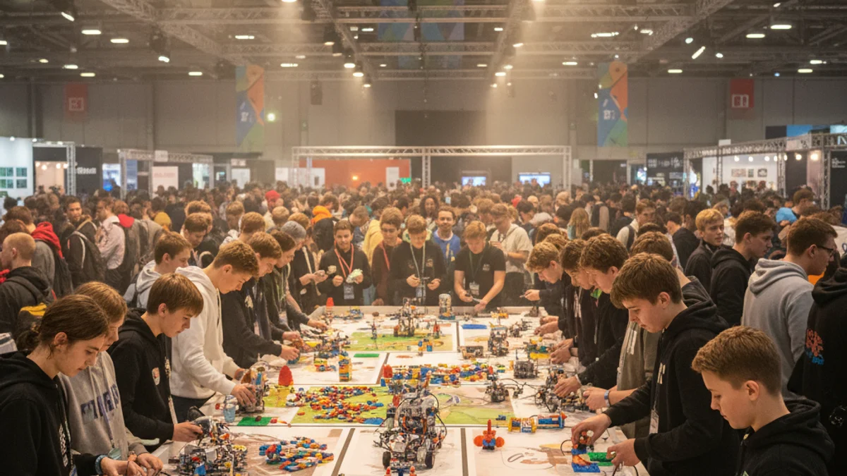 Generic image of young people competing in an educational robotics tournament with construction blocks.