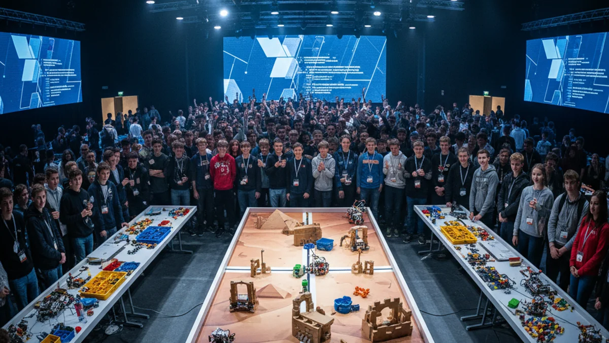 Generic image of young students competing with custom-built robots at a technology event.