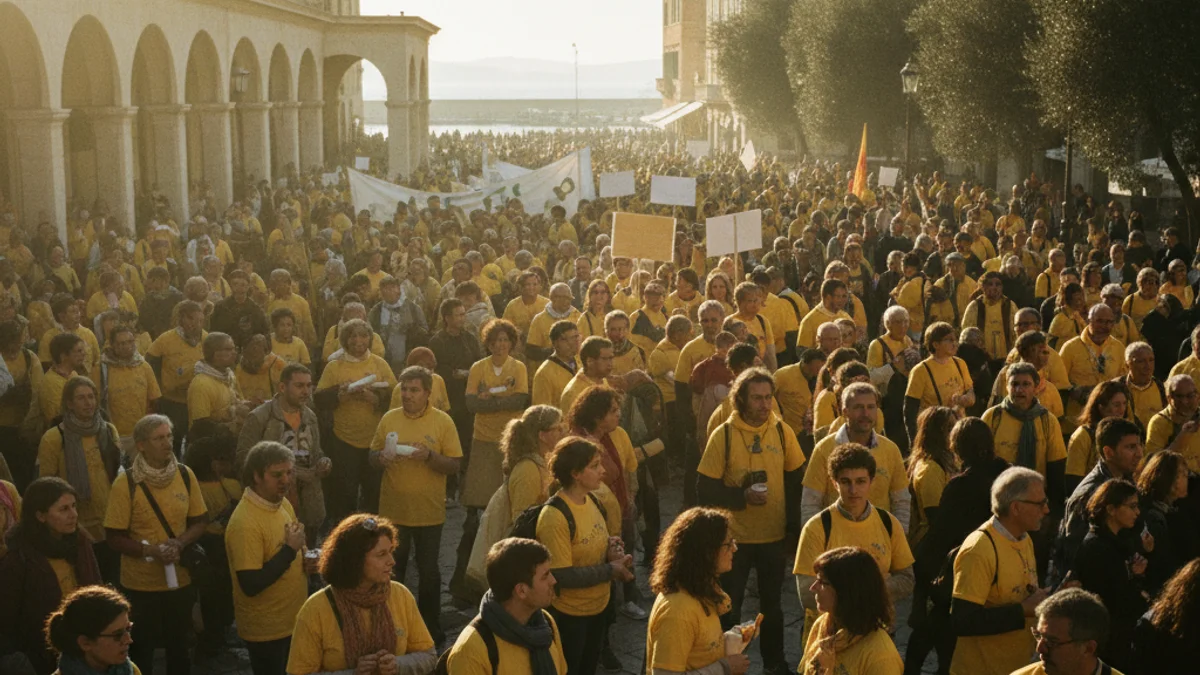 Imagen genérica de una concentración de personas con camisetas amarillas y pancartas en una plaza pública.