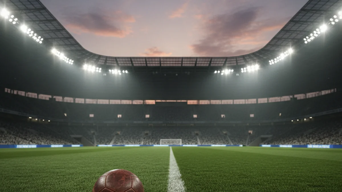 Imatge genèrica d'un camp de futbol buit sota els focus abans d'un partit.