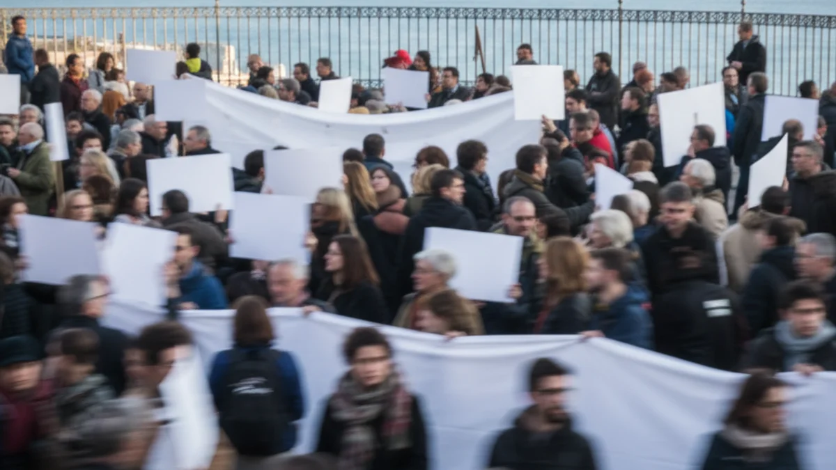Imagen genérica de una concentración ciudadana con pancartas en un espacio exterior cerca del mar.