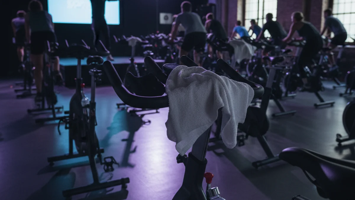 Imatge genèrica d'una sessió d'spinning en un gimnàs amb llums ambientals.
