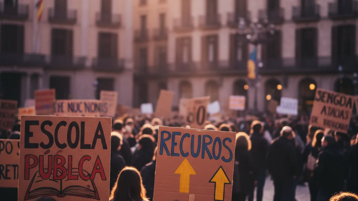 Imatge genèrica d'una concentració de docents amb pancartes reivindicatives en una plaça pública.