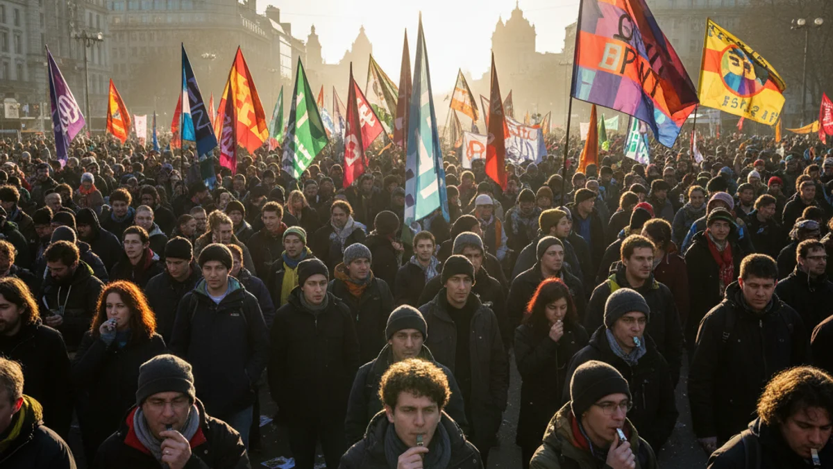 Imagen genérica de una multitud de manifestantes avanzando por una gran avenida de Barcelona con pancartas.