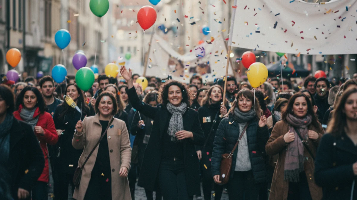 Generic image of a crowd of people gathered in a central street during a day of protest.